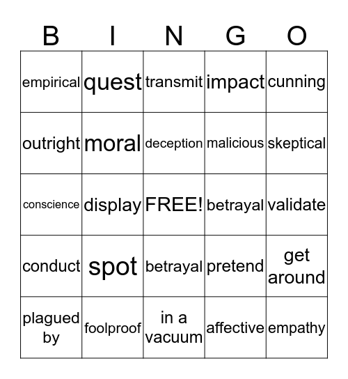 Vocabulary Unit 2 Bingo Card