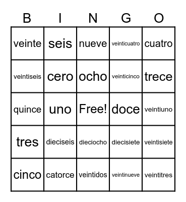 Numeros 0-30 Bingo Card