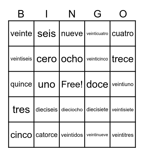 Numeros 0-30 Bingo Card