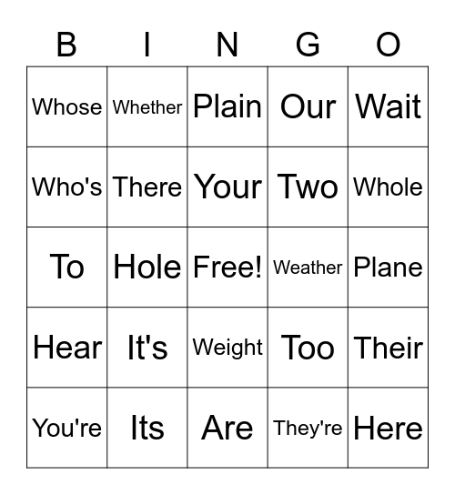 Homophones Bingo Card
