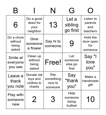 Acts of Kindness Bingo Card