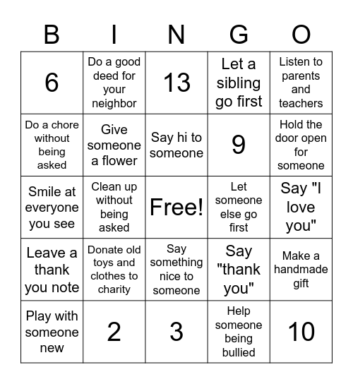 Acts of Kindness Bingo Card