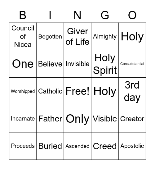 NICENE CREED Bingo Card