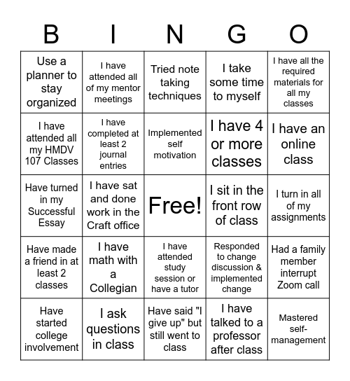 HMDV 107 Successful Student Bingo Card