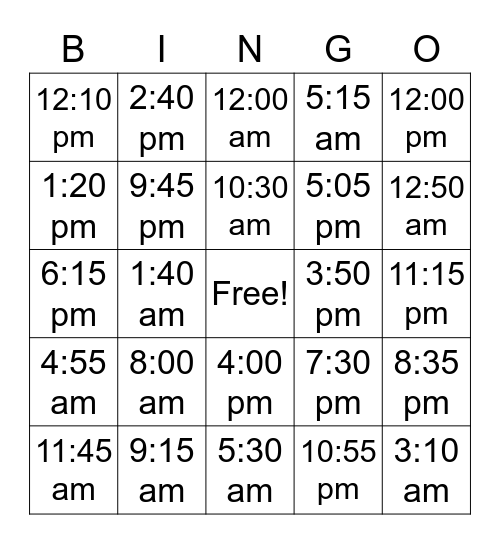 C1U2E Telling Time (The 12-hour Clock) Bingo Card