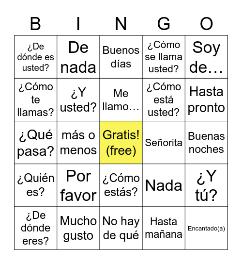 Spanish Conversation Vocabulary Bingo Card