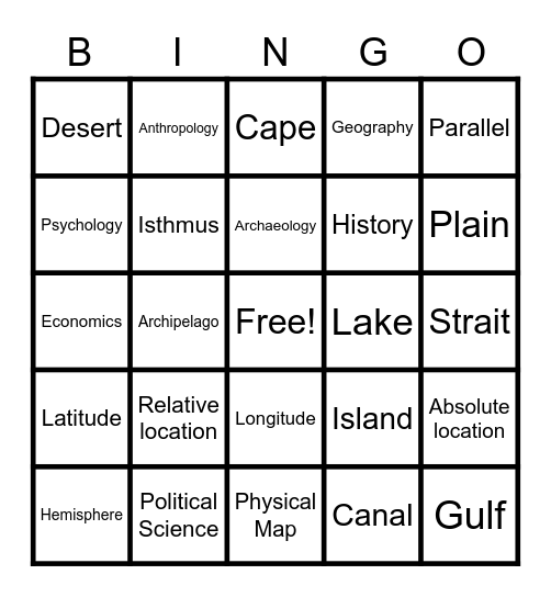 Landforms and Social Sciences Bingo Card