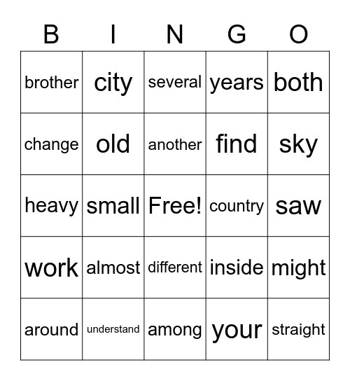 Sight Words Bingo Card