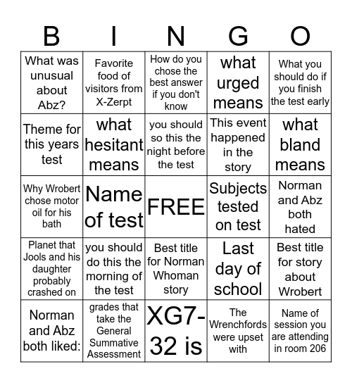 Rock that Test Bingo Card