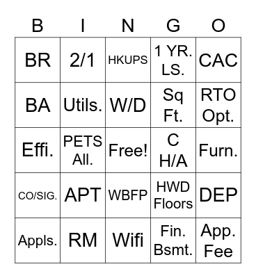 "Renting A Place" Bingo Card