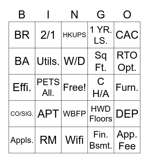 "Renting A Place" Bingo Card