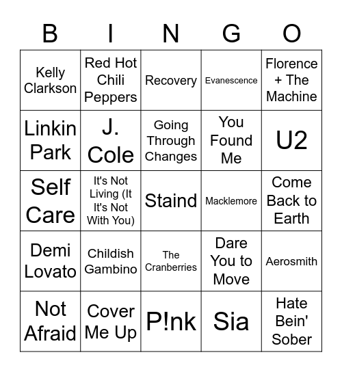 Sober Bingo Card