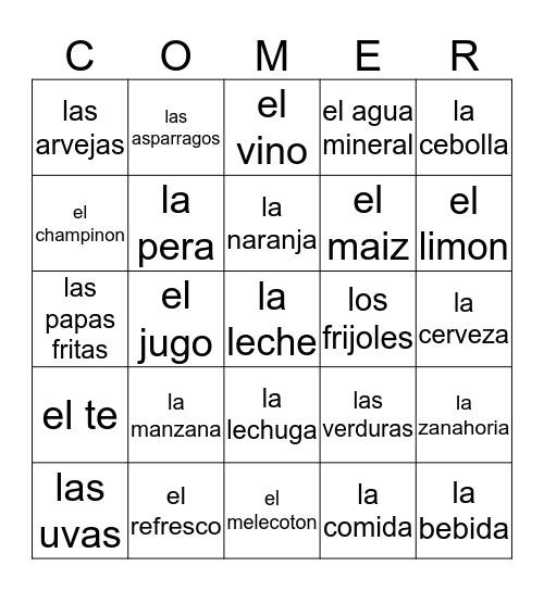 Frutas/Verduras/Bebidas Bingo Card