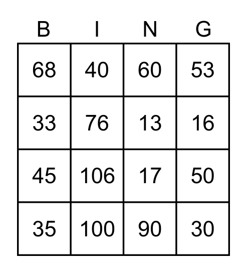 Number Bingo Card
