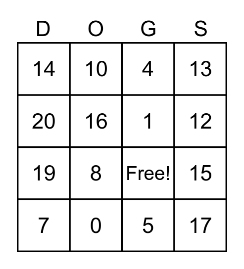 Number Bingo Card