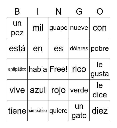 Spanish 9 Unit 1 Bingo Card