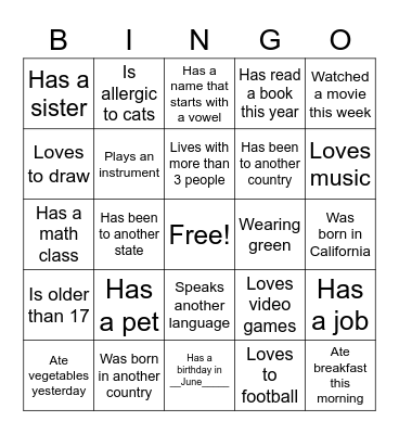 Getting to Know You Bingo Card