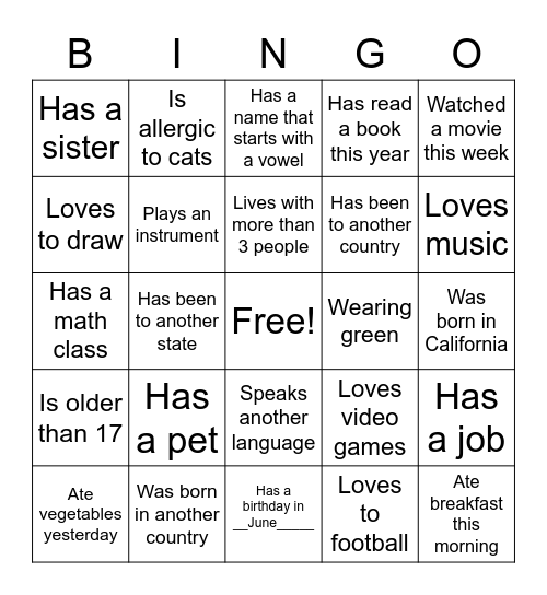 Getting to Know You Bingo Card