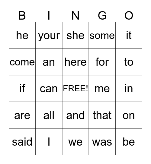 Sight Words (K List 1-3) Bingo Card