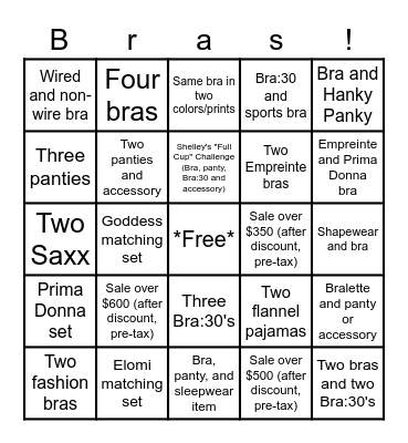 BraBar Bingo Card