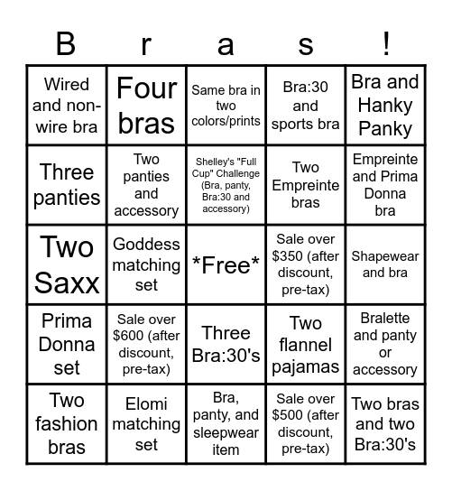 BraBar Bingo Card