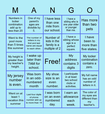 Math MANGO Bingo Card