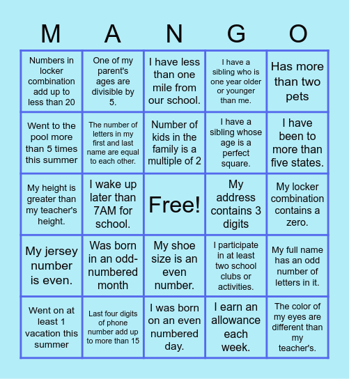Math MANGO Bingo Card