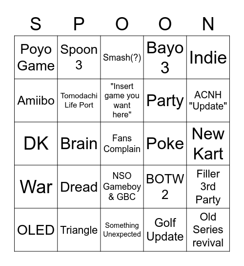Nintendo Direct 9/23/21 Bingo Card