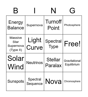 Astronomy Bingo Card