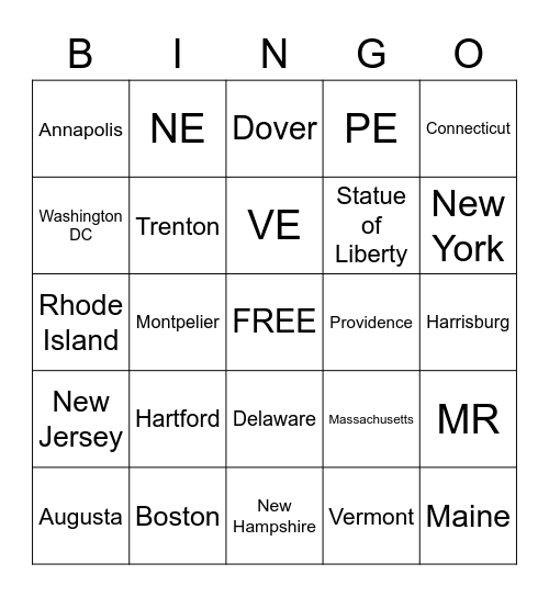 Northeast States and Capitals Bingo Card