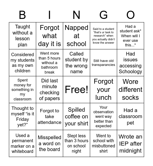 Never have I ever Teacher Version Bingo Card