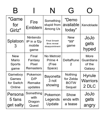 Nintendo Direct 9.23.2021 Bingo Card