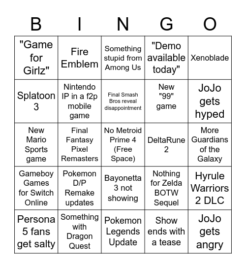 Nintendo Direct 9.23.2021 Bingo Card