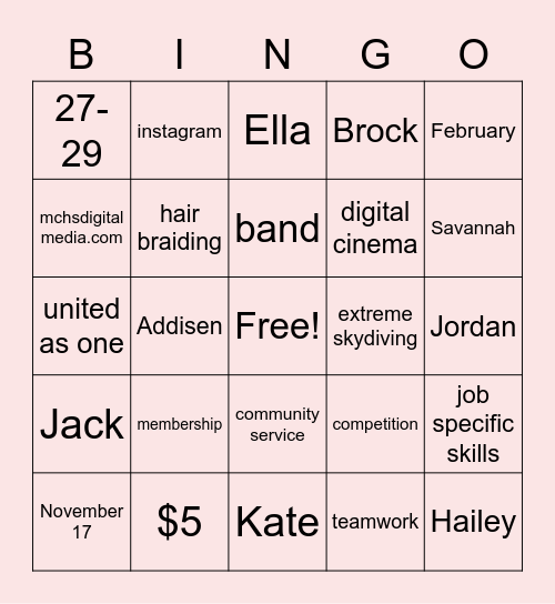 SkillsUSA Meeting October 5 Bingo Card
