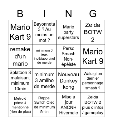 Nintendo Direct 24/09/2021 Bingo Card