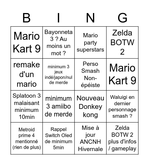 Nintendo Direct 24/09/2021 Bingo Card