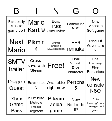 23/09/21 Nintendo Direct Bingo Card
