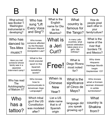 Hispanic Heritage Month Bingo Card