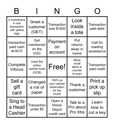 Cashier Appreciation Month Bingo Card