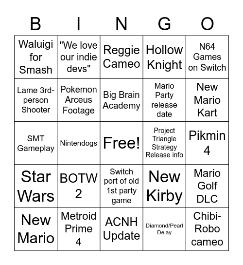 Nintendo Direct 9/23 Bingo Card