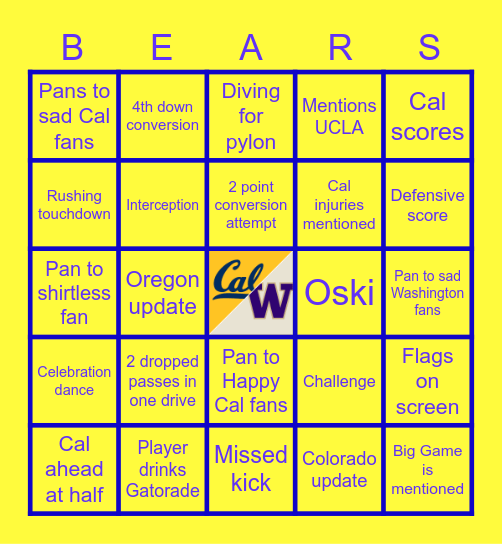 Cal vs Washington Bingo Card