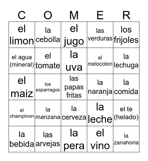 Frutas/Verduras/Bebidas Bingo Card