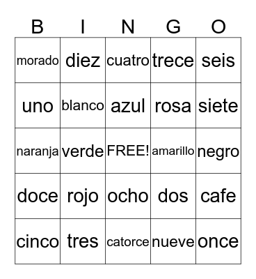 Spanish Bingo - Numbers and Colors Bingo Card