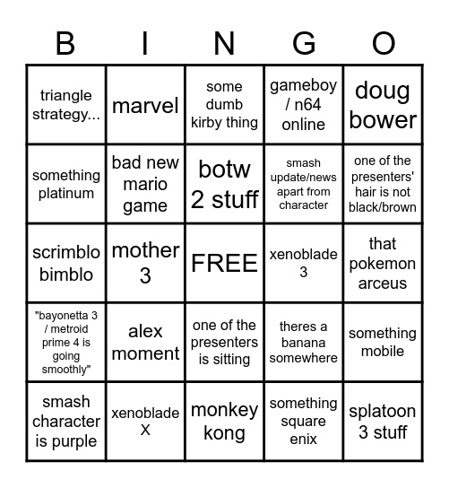 ninetndo direct 9/23/21 Bingo Card