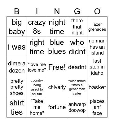 Song Bingo Love songs Bingo Card