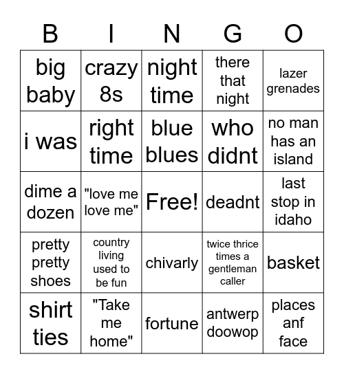 Song Bingo Love songs Bingo Card