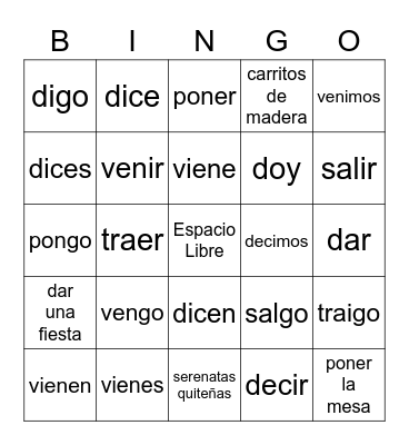 5.2 Irregular Verbs Bingo Card