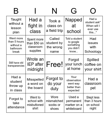 Never Have I Ever Teacher Version Bingo Card