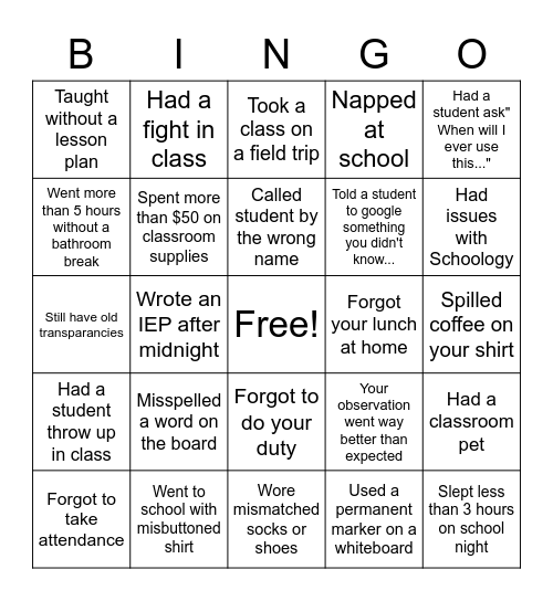 Never Have I Ever Teacher Version Bingo Card