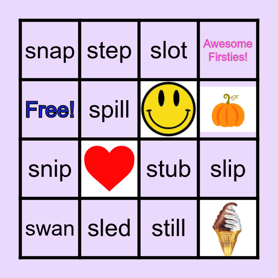 S blend Spelling Words Bingo Card